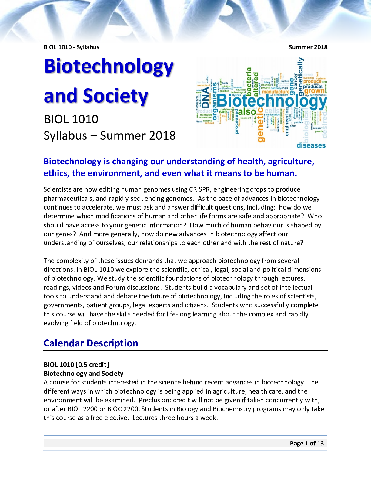 Preview image for BIOL1010 Syllabus Biotechnology